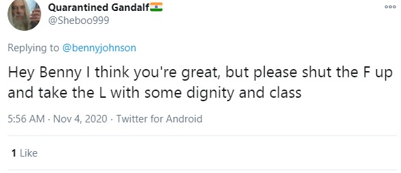 Quarantined Gandalf🇮🇳 on Twitter   @bennyjohnson Hey Benny I think you're great, but please sh...png