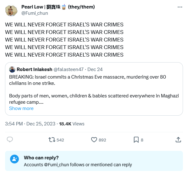 Screenshot 2023-12-28 at 21-00-24 Pearl Low 劉寶珠🧋 (they_them) on X WE WILL NEVER FORGET ISRAEL'...png