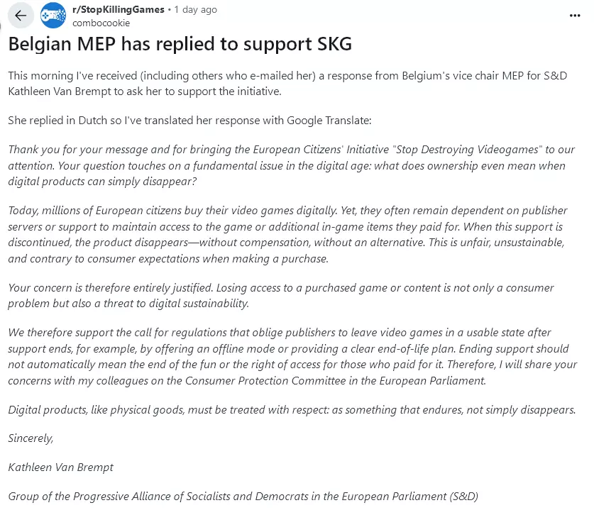 There's a report of another MEP supporting Stop Killing Games, Kathleen Van Brempt. .webp