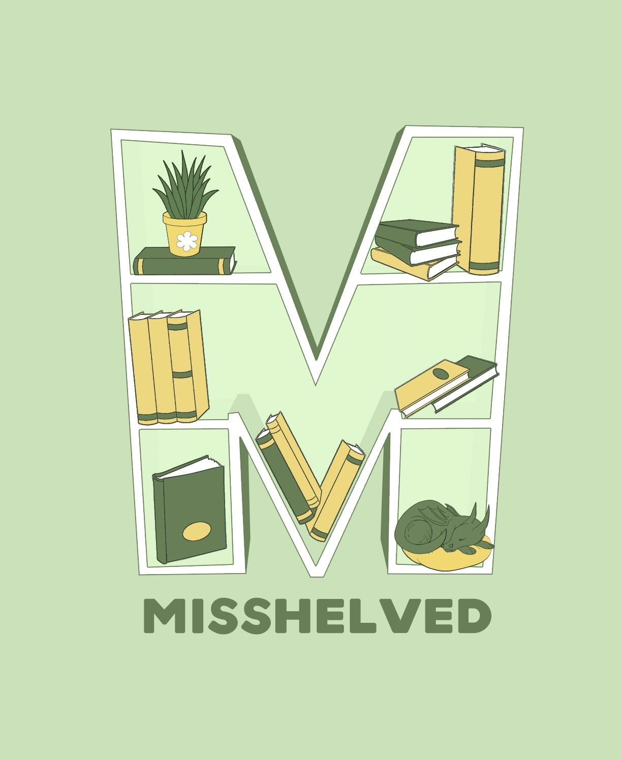 The Misshelved logo, a green bookcase in the shape of an M with yellow and green books on it, as well as a dragon and a plant.