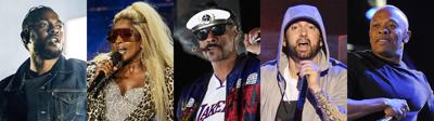 This combination of photos shows, from left, Kendrick Lamar, Mary J. Blige, Snoop Dogg, Eminem and Dr, Dre, who will perform for the first time together on stage at the 2022 Pepsi Super Bowl Halftime Show. NFL, Pepsi and Roc Nation announced Thursday that the five music icons will perform on Feb. 13 at SoFi Stadium in Inglewood, Calif. (AP Photo)